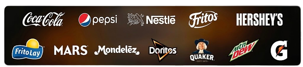 Trusted brand partners including Coca-Cola, Pepsi, Nestlé, Fritos, Hershey's, Frito-Lay, Mars, Mondelez, Doritos, Quaker, Mountain Dew, and Gatorade